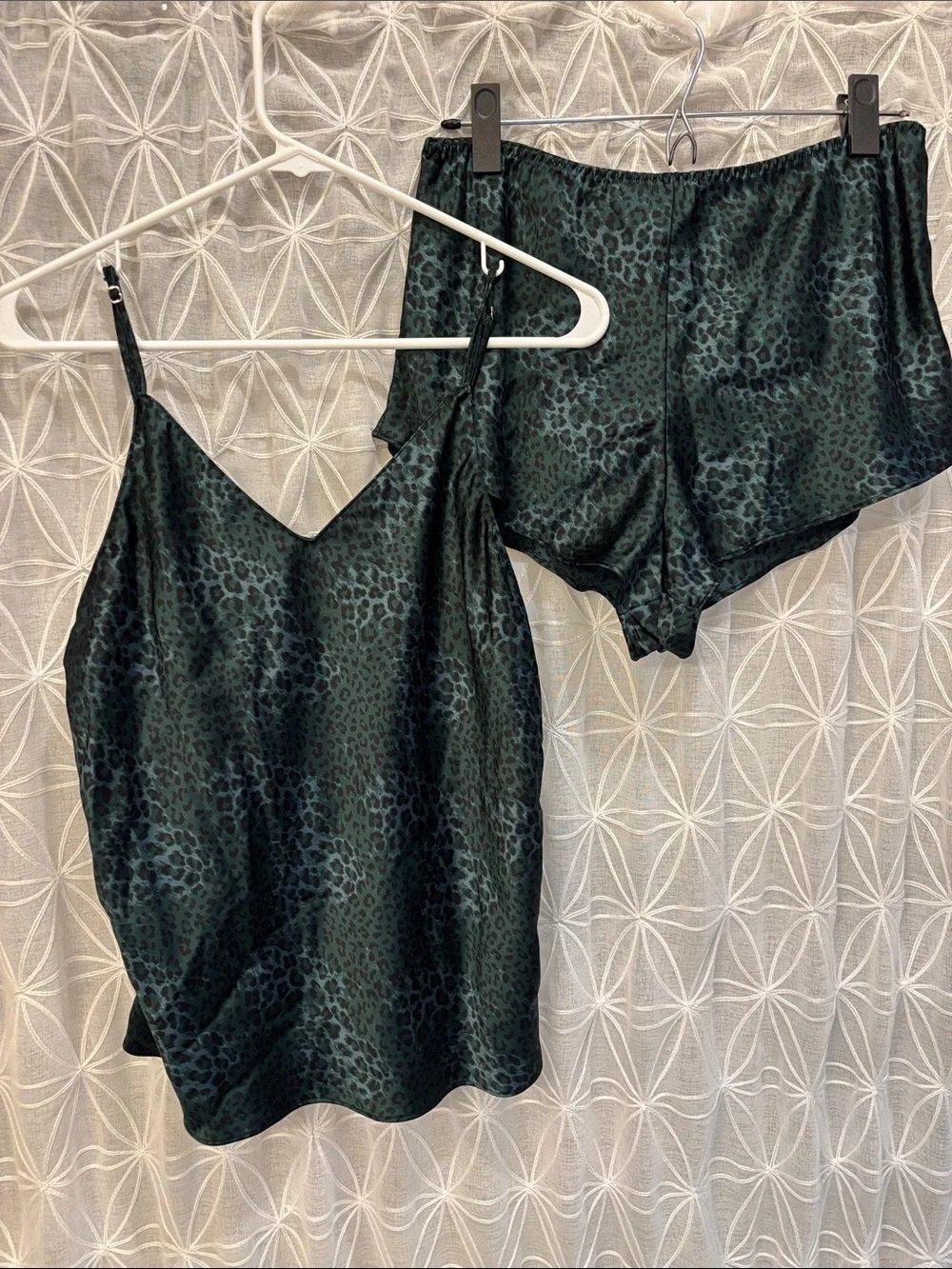 Victoria's Secret Dark Green Leopard-Print Satin Cami & Shorts Set